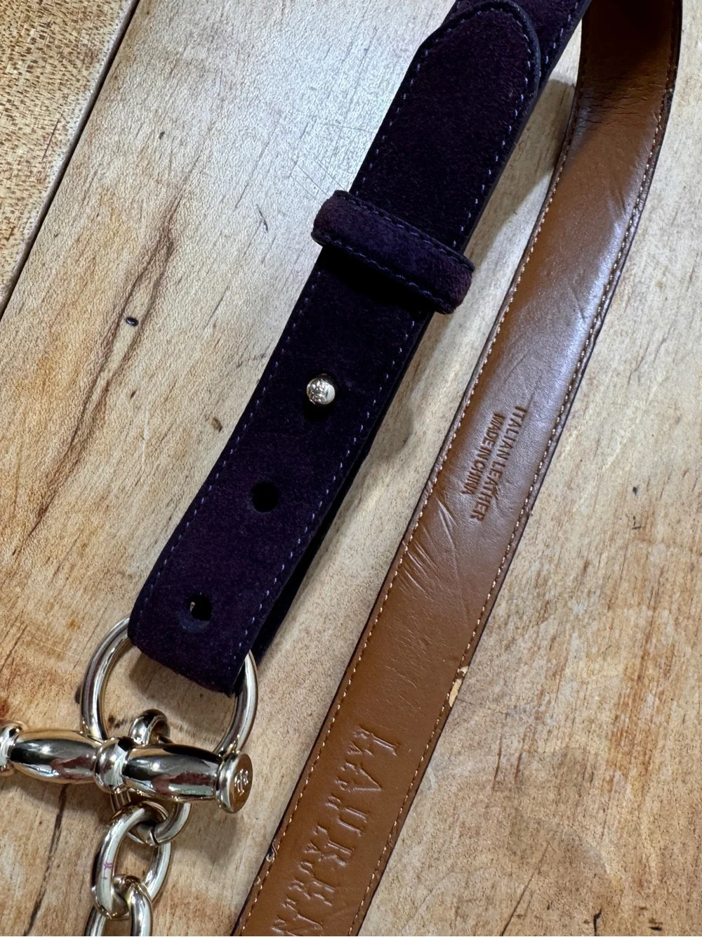 Ralph Lauren Gold Chain Accent Brown Leather & Plum Suede Women's Belt